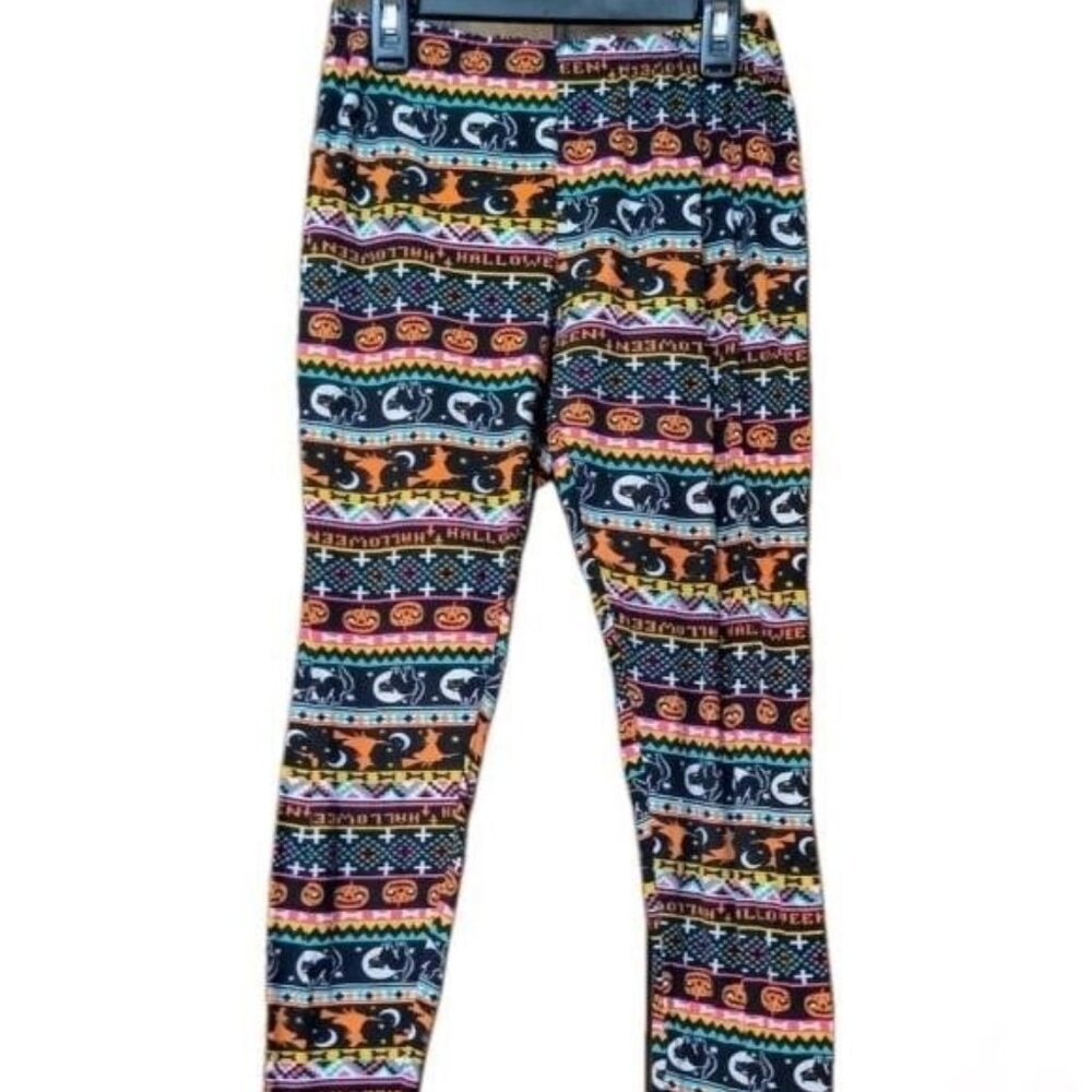 Halloween Ladies Ankle Leggings Size Large L Bats Pumpkins Candy Cane